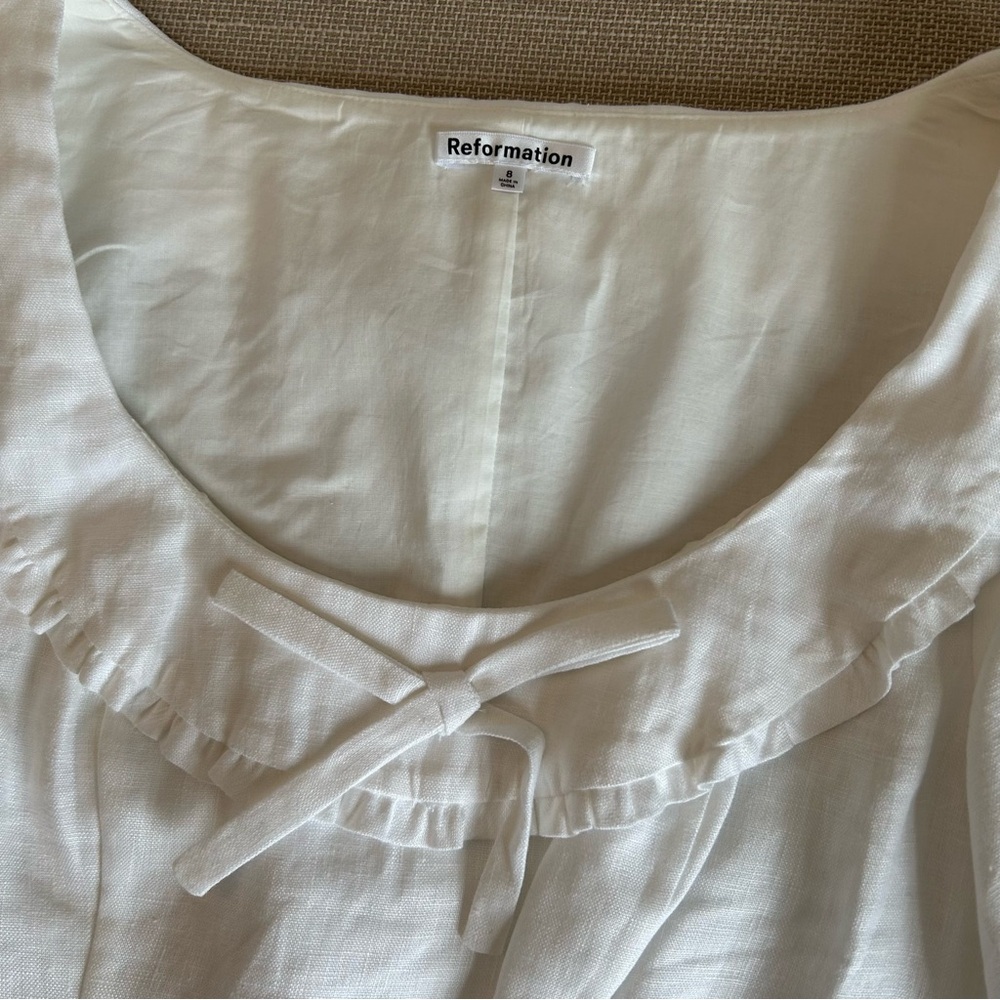 Reformation Greta Linen Top - White Puff Sleeve Bow - Picture 5 of 9